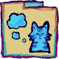 a beige folder with a blue tabby cat with a blue thought bubble
